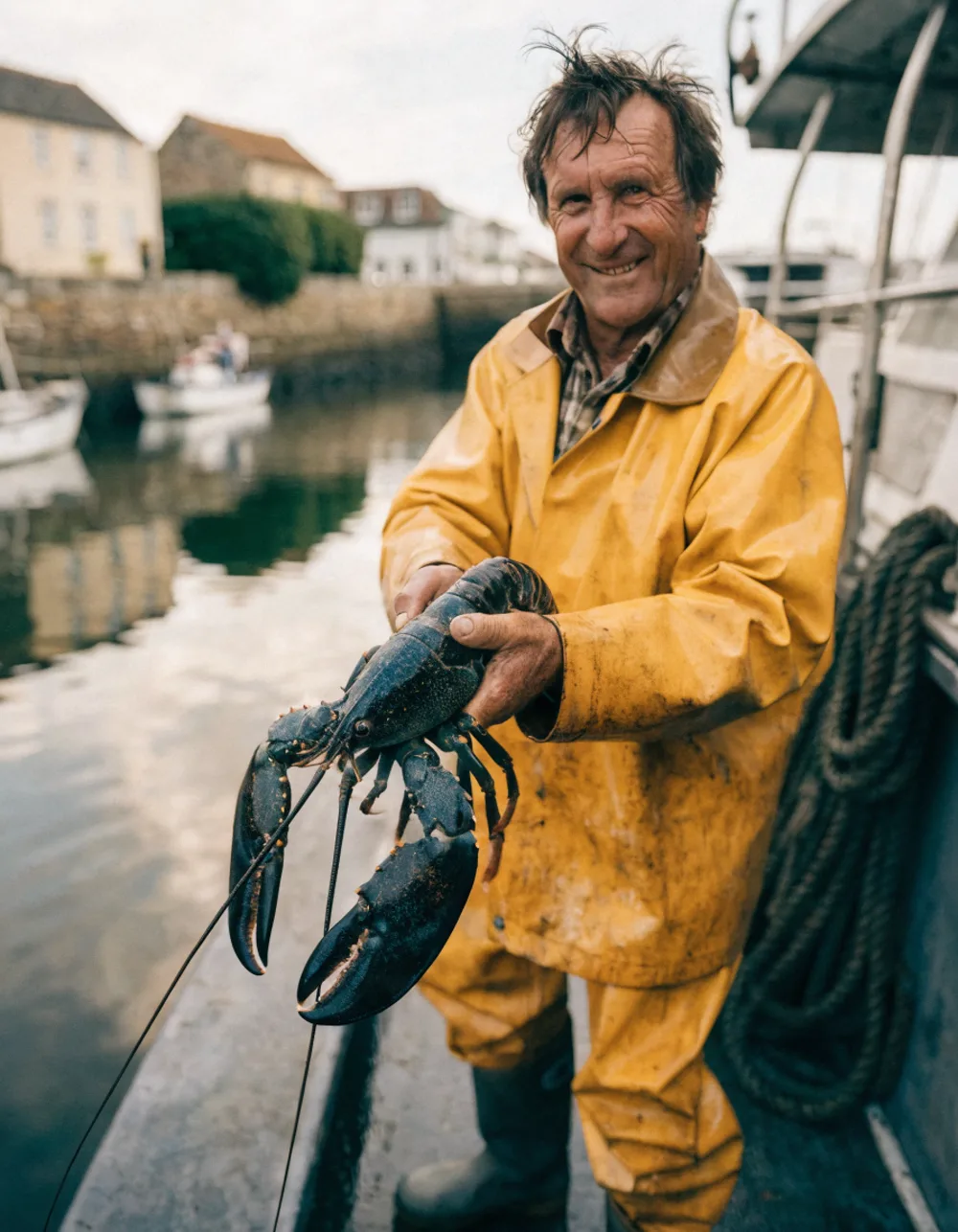 A UK day-boat fisherman proudly holding a large lobster